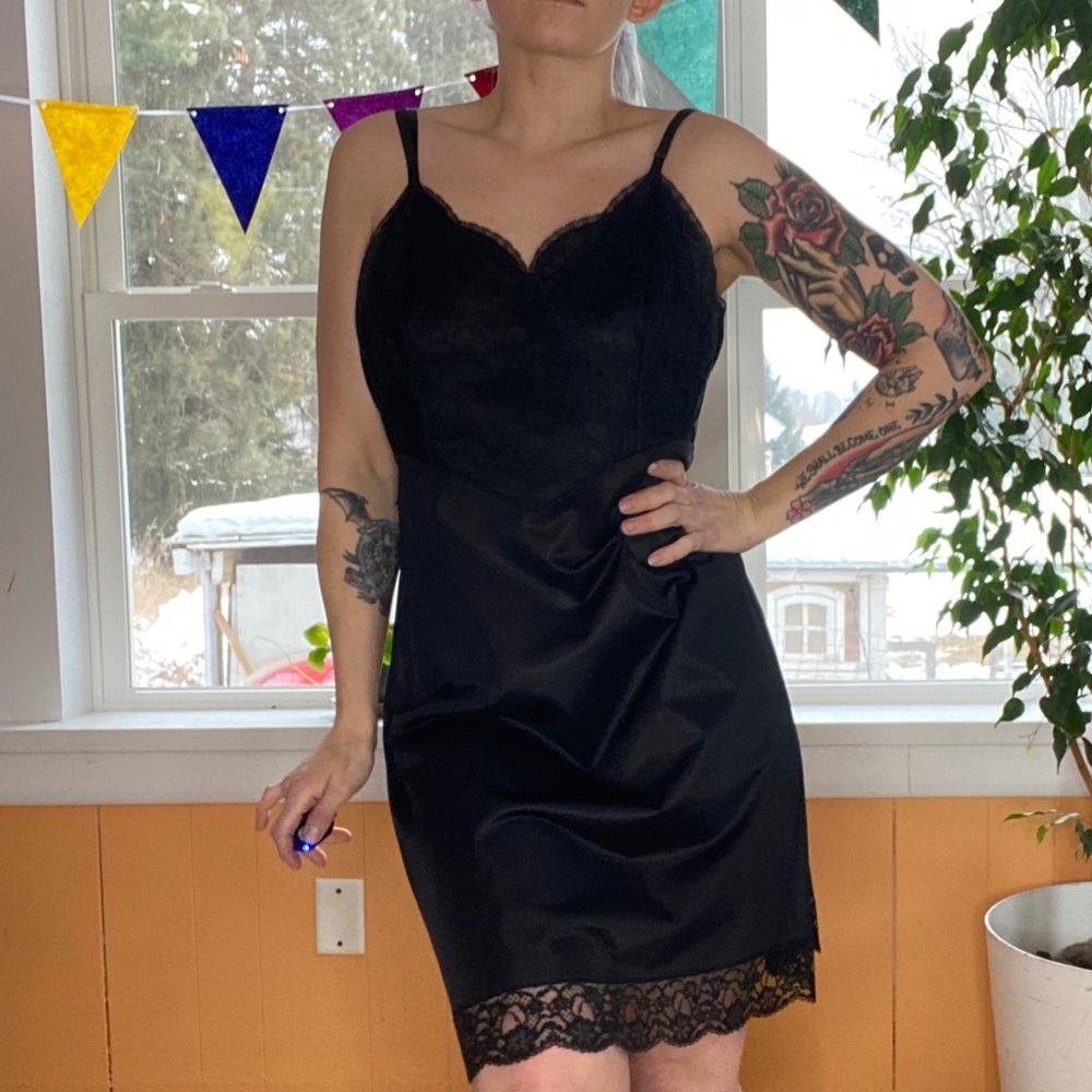 Vintage black nightgown satin and lace S/M pinup
